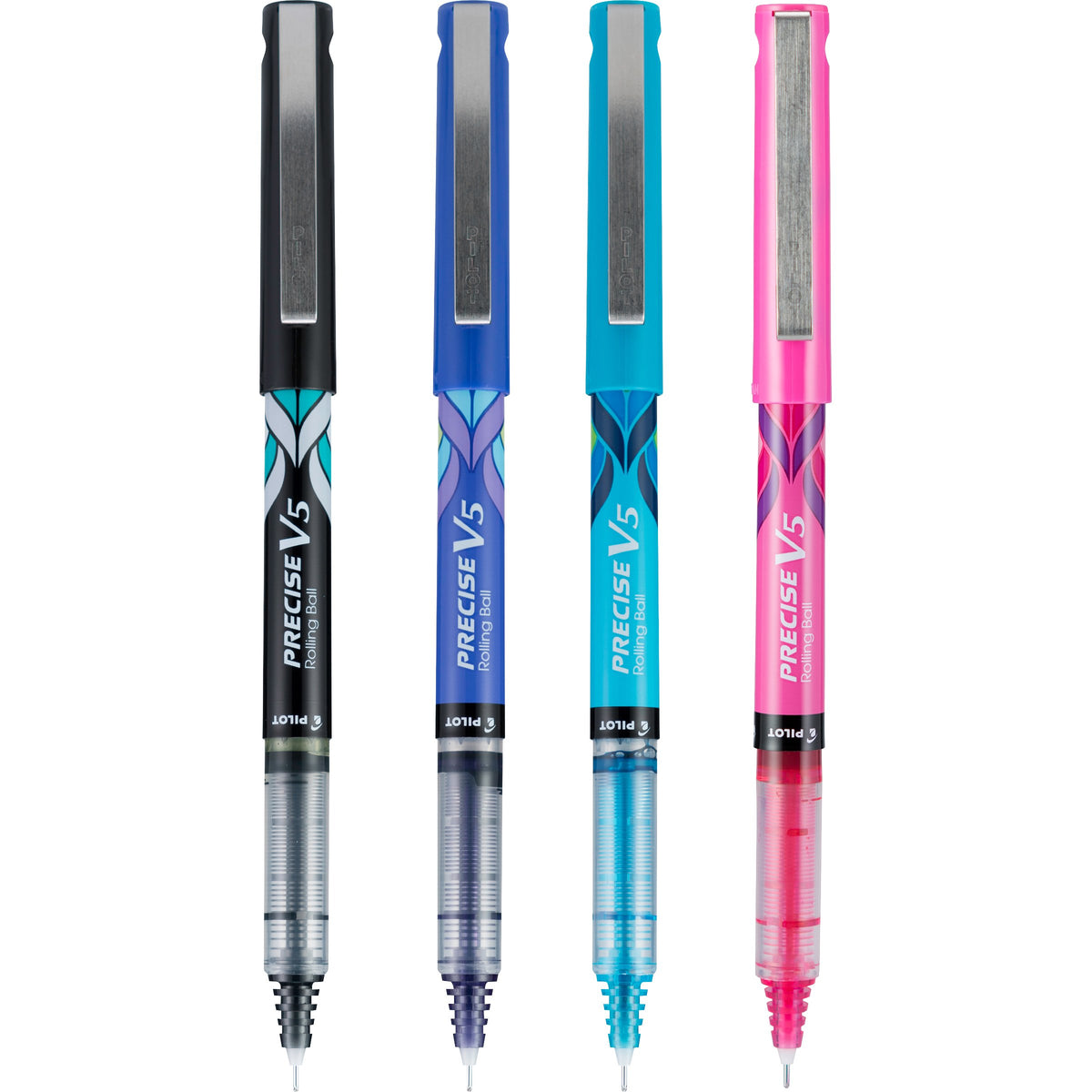 Pilot, Precise V5 Deco Collection, Capped Liquid Ink Rolling Ball Pens, Extra Fine Point 0.5 mm, Black/Blue/Turquoise/Pink, Pack of 4