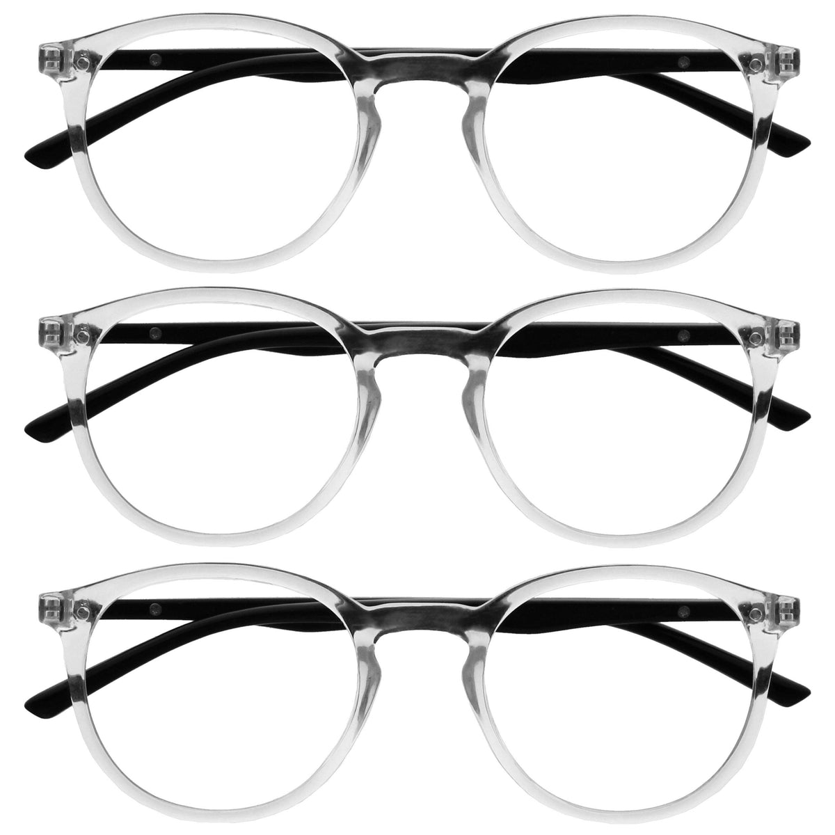 OPULIZE Met - Reading Glasses with Blue Light Blocking 3 Pack Slim Round Frame Spring Hinges Improve Sleep Computer Gaming Anti-Reflective Transparent Mens Womens BBB60-C +2.00
