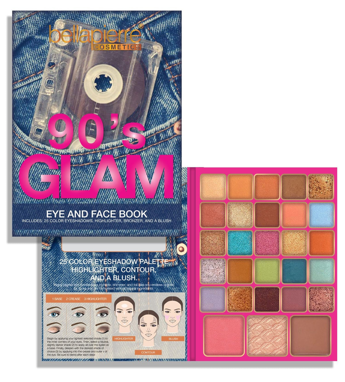 bellapierre 90s Glam Face & Eye Book Palette | 25 Eyeshadow Shades with Blush, Bronzer, & Highlighter | Non-Toxic & Paraben Free | Vegan & Cruelty-Free