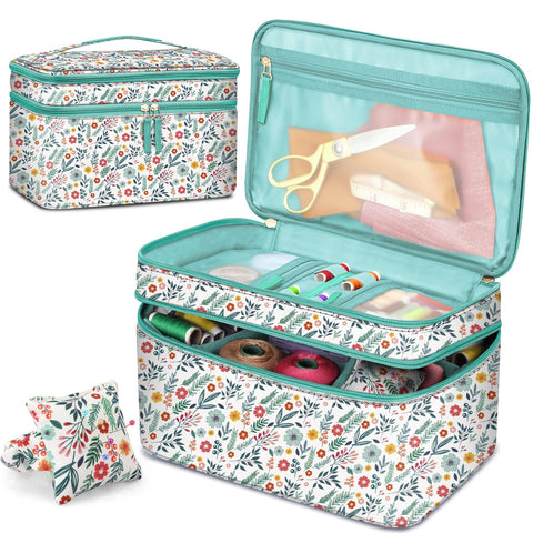 FINPAC Sewing Accessories Storage and Organizer Case, Double-Layer Sewing Kits Carrying Bag with Wrist Pin Cushion for Threads, Needles, Embroidery Floss Supplies, Felting Kits (Spring Bloom)
