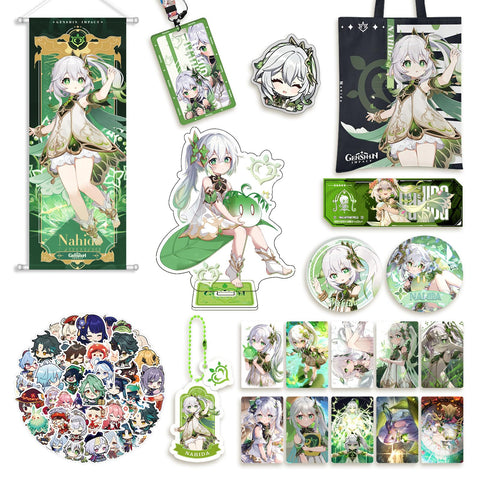 ShioewBy Genshin Impact Nahida Merch Set - Canvas Tote Bag, Stand Figure, Keychain, Badge, Pop Socket, Laser tickets, Card Holder, 10 Lomo Cards, 60 Stickers