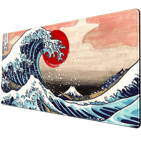 Japanese Mouse pad XL Gaming Mousepad Great Wave Off Kanagawa and Sun Watercolor Desk mat Full Desk Mousepad 31.5X15.75 in,Stitched Edges Smooth Surface Big Mouse pad Desk mat Mouse pad for Laptop …