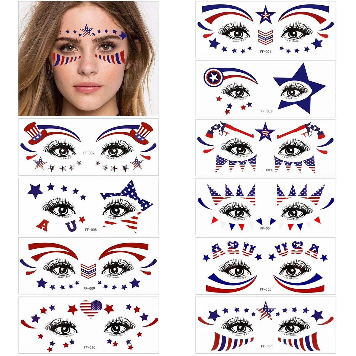 HOWAF 4th of July Face Tattoo Stickers,10Pcs USA Independence Day Facial Makeup Sticker Face Eye Tattoos Patriotic Fake Tattoos Supplies Waterproof Red White and Blue Party Tattoo Stickers USA America Flag Sticker Holiday Fake Tattoos