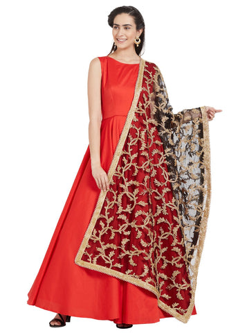 DUPATTA BAZAAR Woman's Black & Gold Embroidered Net Dupatta Free size