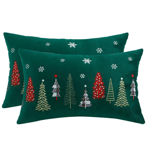 Tosleo Christmas Embroidery Throw Pillow Covers 16x24 inch Set of 2 Christmas Dec Velvet Pillowcases Forest Green Christmas Tree Cushion Pillow Cases Soft Square Holiday Pillowcase