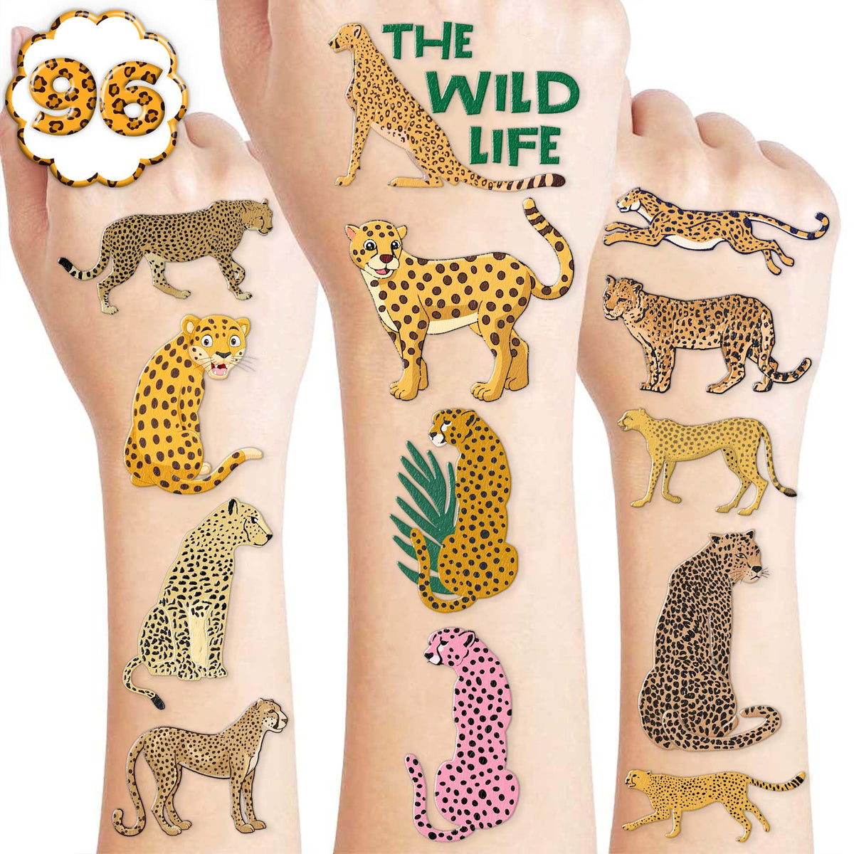 8 Sheets (96PCS) Cheetah Tattoos Temporary Jungle Theme Birthday Party Supplies Favors Decorations Tattoo Stickers For Boys Girls Gifts Classroom School Prizes Rewards