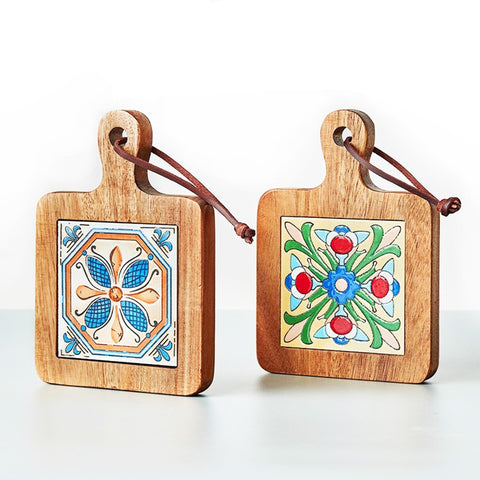 YY Wooden Inlay Style Insulation Pad Set of 2 Coaster Rack/Trivet - Acacia Wood Mosaic High Temperature Tile Pot Holders Hot Pads for Table & Countertop, YY2024