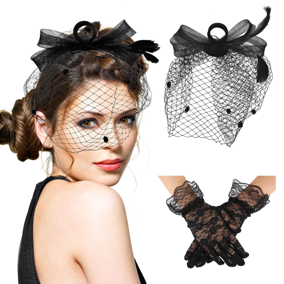 Sibba Fascinators for Women, 1920s Tea Party Hat and Short Lace Gloves Feathers Veil Mesh Headband Floral Lace Gloves for Wedding, Party(Black)