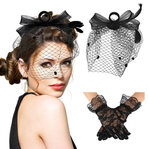 Sibba Fascinators for Women, 1920s Tea Party Hat and Short Lace Gloves Feathers Veil Mesh Headband Floral Lace Gloves for Wedding, Party(Black)