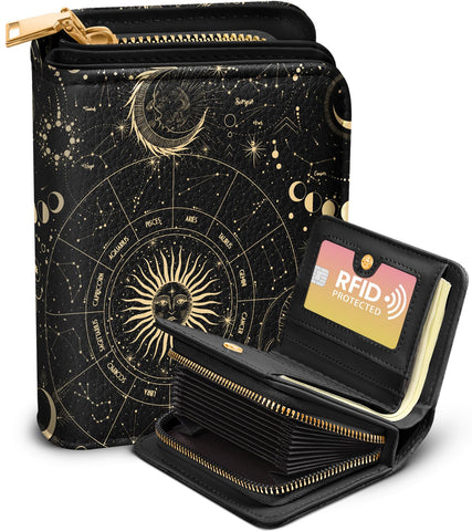 Bistup Credit Card Holder Wallet for Women Cute Leather Ladies Teen Girls Female Cardholder Wallets Accordion Purse Small Medium Aesthetic Print Stars Modern Design Rfid Zipper Around