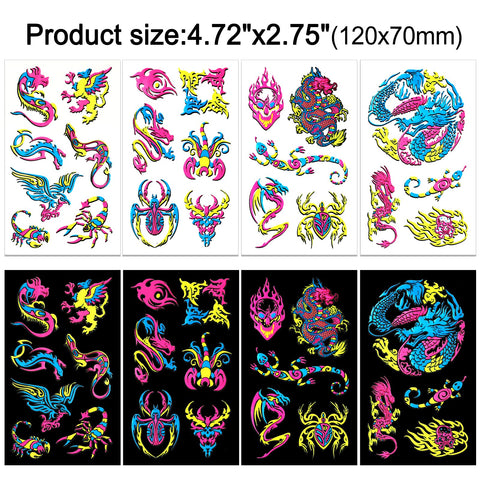 HOWAF 10 Sheets UV Neon Temporary Tattoos, Fluorescence UV Neon Body Face Taoos for Makeup Party Rave Festival Women Dancing Party Decorations Supplies, Glow in the Dark Black Light Fake Tattoos