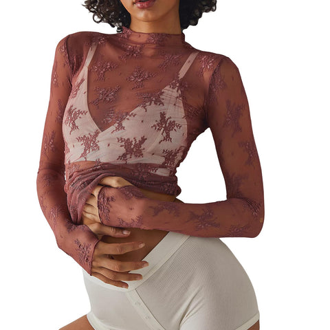 Sheer Mesh Long Sleeve Layering Top for Women Mock Neck Floral Lace Tshirt See Through Tee Shirt Blouse(Flower Light Brown,Medium
