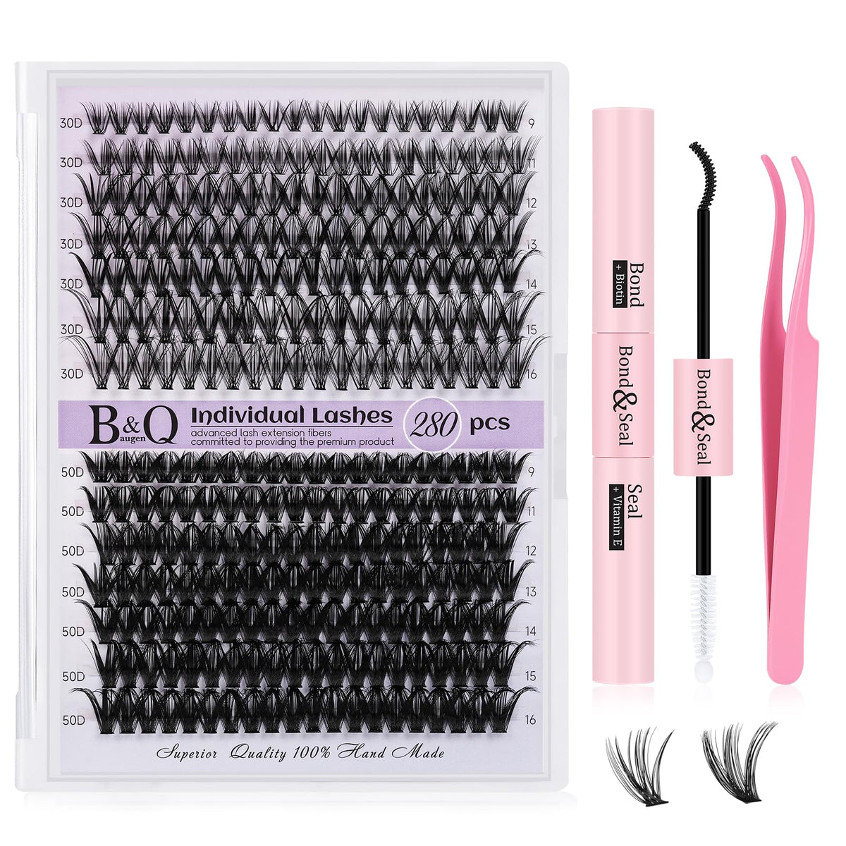 DIY Lash Extension Kit 280pcs Individual Lashes Cluster B&Q D Curl Eyelash Extension Kit Lash Clusters with Lash Bond and Seal and Lash Applicator Tool for Self Application (KIT,30D+50D-D-9-16MIX)