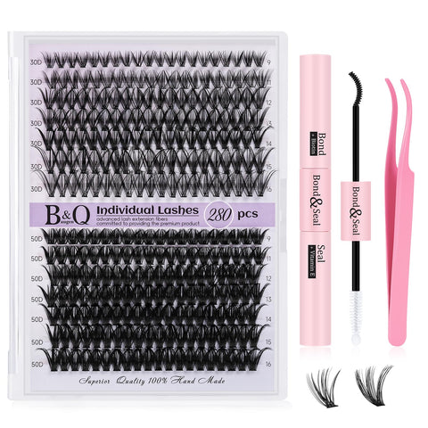 DIY Lash Extension Kit 280pcs Individual Lashes Cluster B&Q D Curl Eyelash Extension Kit Lash Clusters with Lash Bond and Seal and Lash Applicator Tool for Self Application (KIT,30D+50D-D-9-16MIX)