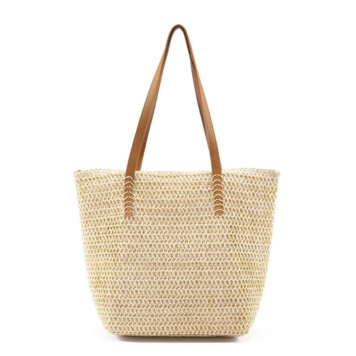 Faletony Summer Beach Bags Woven Bag for Women Straw Tote Bag Handbag Market Shopping Travel Holiday Shoulder Bag with Zip, Leather Handles Large Beige
