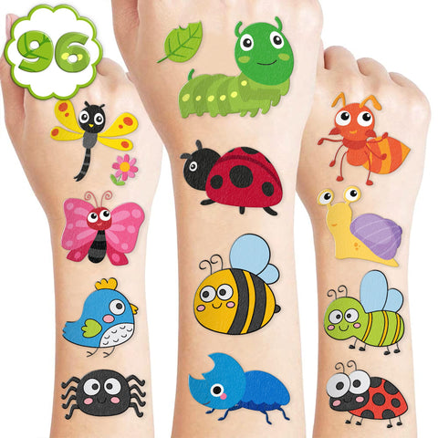 Bug Temporary Tattoos Birthday Party Supplies Decorations 96PCS Tattoos Stickers Insect, Ladybug, Ant, Snail, Butterfly Cute Party Favors Kids Boys Girls Gifts Ideas Classroom School Prizes Themed