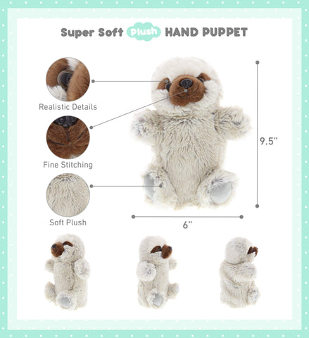 DolliBu Sloth Plush Hand Puppet For Kids - Soft Plush Stuffed Animal Hand Puppet Toy for Puppet Show Games & Puppet Theaters for Kids, Adult's Cute Puppets Educational Toy to Teach Children & Toddlers