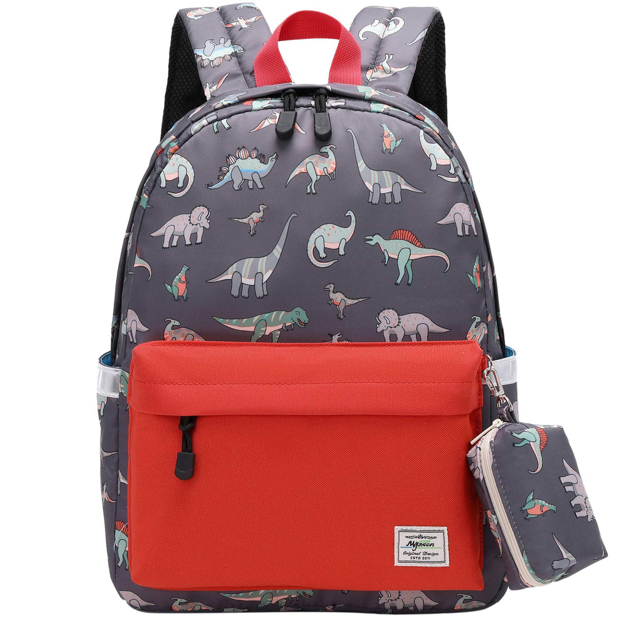 mygreen Kids backpacks, Cute Lightweight Water Resistant Preschool Backpack for Boys and Girls Chest Strap, Orange Red Dinosaurs
