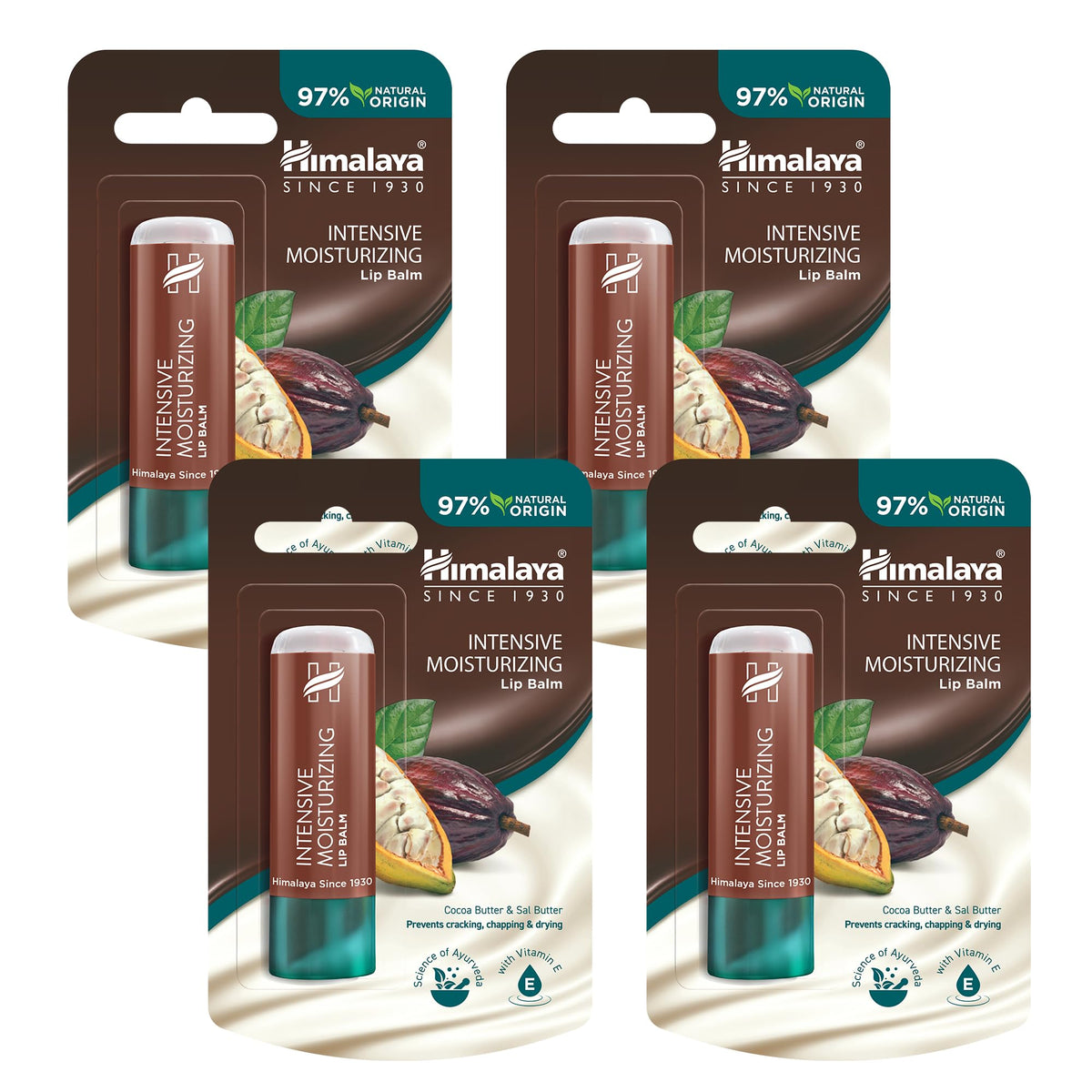 Himalaya Intensive Moisturizing Cocoa Butter Lip Balm |Rich Cocoa Butter Repairs Dry and Chapped Lips Enriched with Vitamin E Hydrates, Nourishes and Improves Lips Elasticity - 4.5g (Pack of 4)