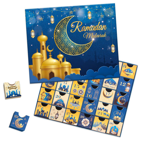 Ramdan Advent Calendar with Drawers, 30 Empty Boxes for 30 days, Eid Mubarak Coutdown Calendar Fillable Ramadan Gift Box, Islamic Art, Cardboard Number Storage Box, Ramadan Party Supplies - Blue