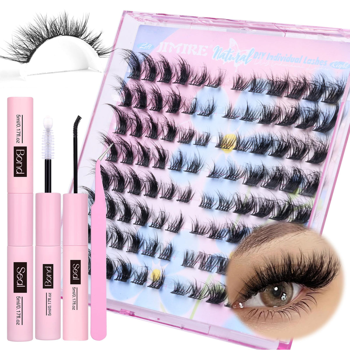 JIMIRE Fox Eye Lash Exteniosn Kit Natural Look Wispy Lash Cluster Kit L Curl Cluster Eyelash Extensions Kit with Lash Bond and Seal Cat Eye Lash Clusters Fluffy Individual Lashes 144Pcs 8 Pairs Pack