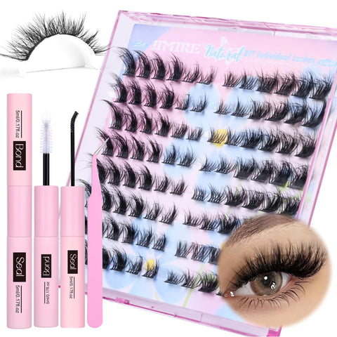JIMIRE Fox Eye Lash Exteniosn Kit Natural Look Wispy Lash Cluster Kit L Curl Cluster Eyelash Extensions Kit with Lash Bond and Seal Cat Eye Lash Clusters Fluffy Individual Lashes 144Pcs 8 Pairs Pack