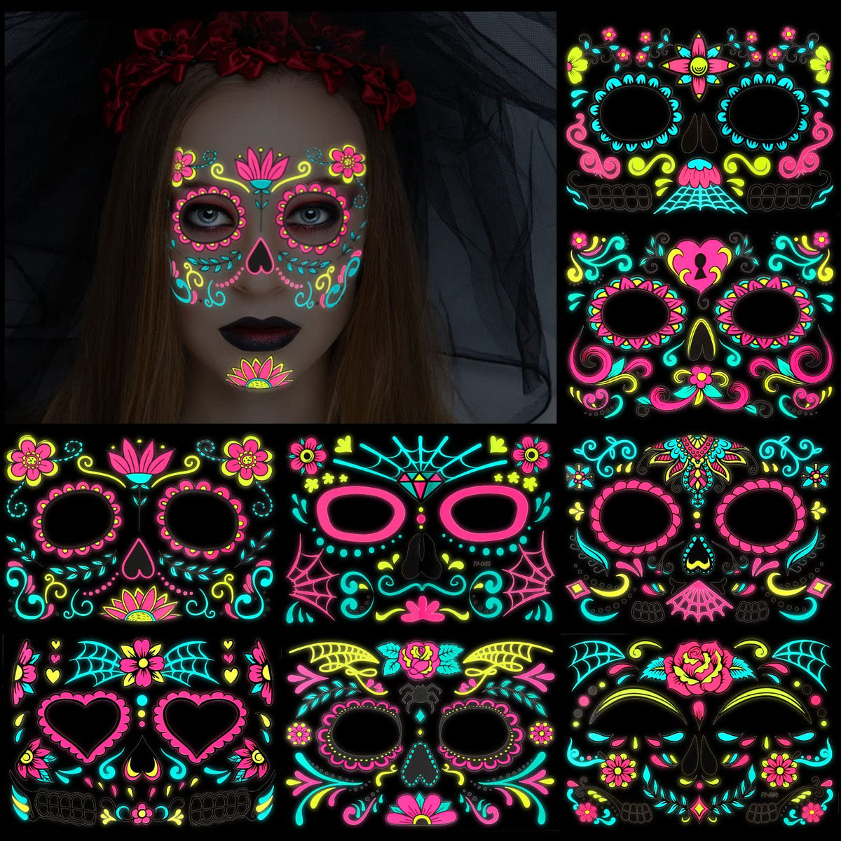 HOWAF Halloween Luminous Temporary Tattoos Stickers, 8 Sheets Face Tattoo Stickers Glow in the Dark for Halloween Party Decoration, Roses Spider Net Face Makeup Decals for Women Costume Favors