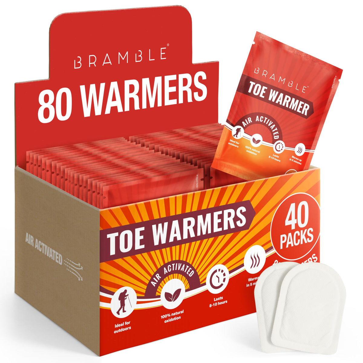 Bramble - 80 Toe Foot Warmers (40 Packs), Feet Warmers for Women and Men - Suitable for Outdoor Activities, Hiking, Golf, Football, Lasts 8 Hours+