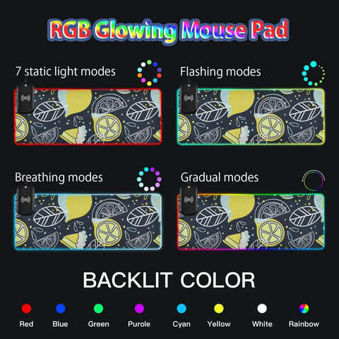 Hand Drawn Lemons Doodle Wireless Charging Mouse Pad for Mobile Phone Extra Large Gaming Mousepad with 13 Lighting Modes Keyboard Mat for Gaming MacBook PC Laptop Desk Office Home