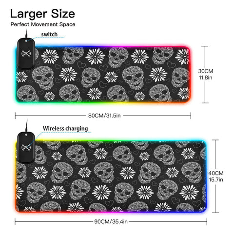 Floral Skulls Black Wireless Charging Mouse Pad for Mobile Phone Extra Large Gaming Mousepad with 13 Lighting Modes Extended Desk Mat for MacBook PC Laptop Desk Office Home Gaming
