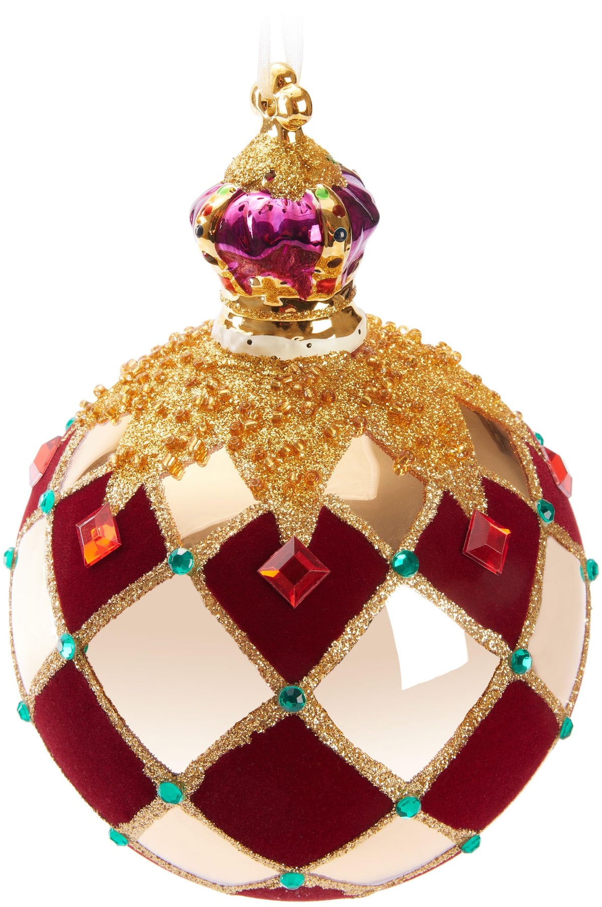 BRUBAKER Premium Christmas Bauble Royal King - Royal Tree Bauble Gold Red - Chequered with Velvet, Glitter and Crown - 5.5 inches (14 cm) Large Glass Tree Bauble with Porcelain Figure