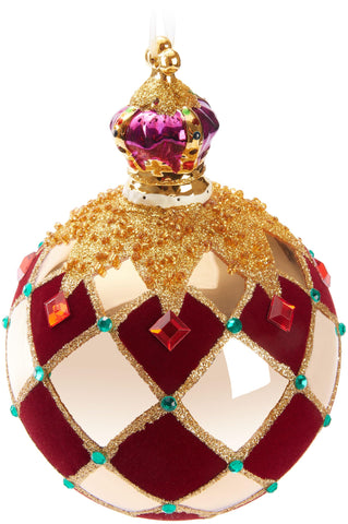 BRUBAKER Premium Christmas Bauble Royal King - Royal Tree Bauble Gold Red - Chequered with Velvet, Glitter and Crown - 5.5 inches (14 cm) Large Glass Tree Bauble with Porcelain Figure