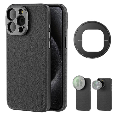 NEEWER Phone Case Compatible with iPhone 15 Pro Max, TPU + PC Protective Heavy Duty Case with 17mm Lens Backplate, 67mm Filter Adapter, Nonslip Faux Leather, Compatible with MagSafe, PA054 Black