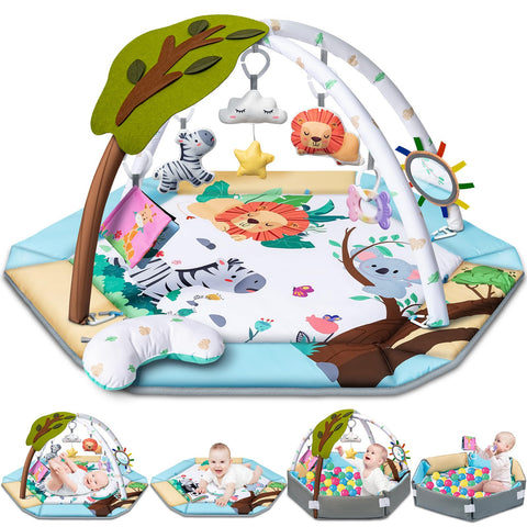 Baby Gym Play Mat, 8-in-1 Tummy Time Mat & Ball Pit with 6 Toys, Washable Baby Activity Play Mat for Visual, Hearing, Sensory, Motor Development, Baby Toys Gift for Toddler Infant 0-3-6-9-12 Month