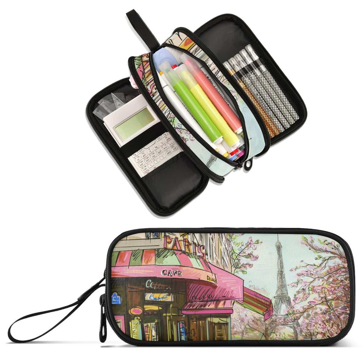 XUWU Romantic Paris Eiffel Tower Pencil Case Pencil Pouch box Office School Large Storage Pen Bag 3 Compartment for Adults School Teen Girl Boy