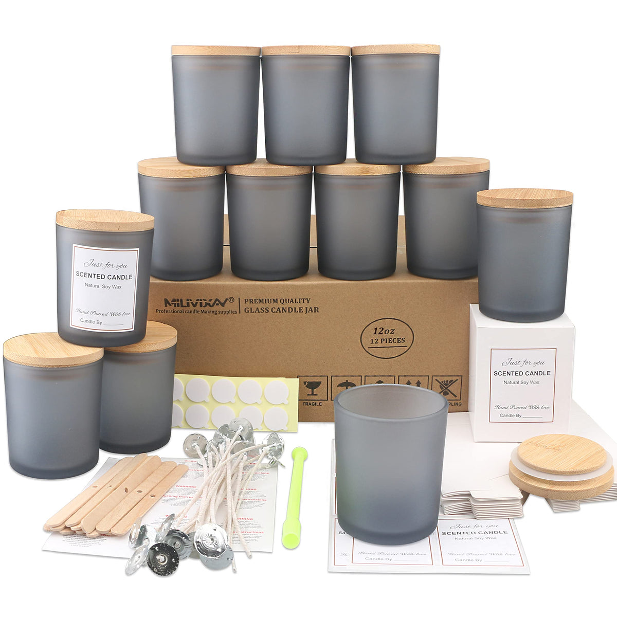 MILIVIXAY 12 Pack 12 OZ Frosted Grey Glass Candle Jars with Lids and Candle Making Kits - Bulk Empty Candle Jars for Making Candles - Spice, Powder Containers.