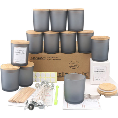MILIVIXAY 12 Pack 12 OZ Frosted Grey Glass Candle Jars with Lids and Candle Making Kits - Bulk Empty Candle Jars for Making Candles - Spice, Powder Containers.