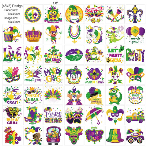 HOWAF 96 Pieces Mardi Gras Temporary Tattoos, 48 Styles New Orleans Party Temporary Tattoos Stickers for Kid, Mardi Gras Themed Fake Tattoos with Crown, Mask Design for Masquerade Party Decoration