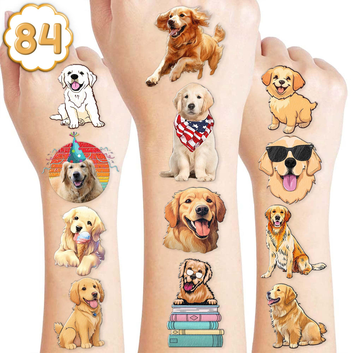 84 PCS Dog Temporary Tattoo Stickers Golden Retrieve Birthday Party Decorations Supplies Favors Decor Puppy Tattoo Stickers for Kids Gifts School Prize Rewards