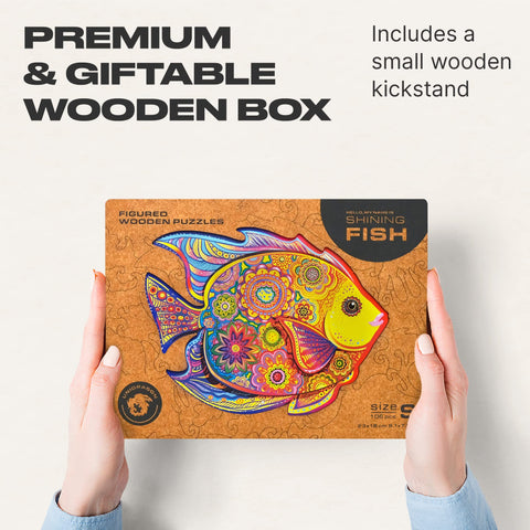UNIDRAGON Wooden Jigsaw Puzzles - Shining Fish, 106 pcs, Small 9.1"x7.1", Beautiful Gift Package, Unique Shape Best Gift for Adults and Kids