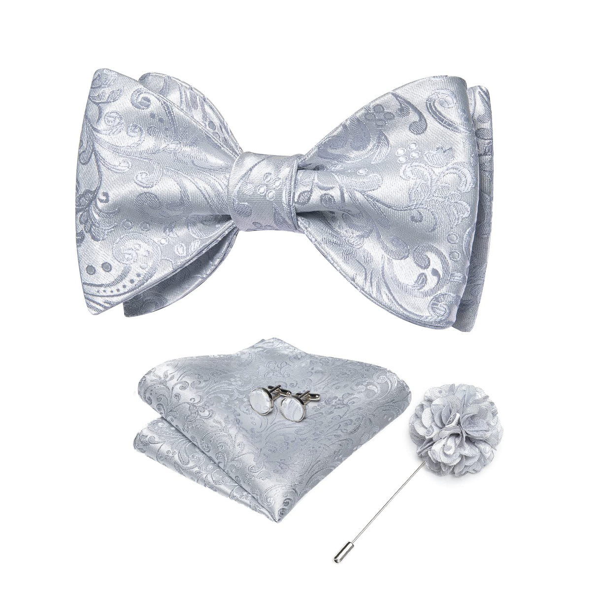 DiBanGu Men's Silver Grey Bowtie and Lapel Pin Set Silk Woven Self-tied Bow Tie Pocket Square Cufflinks Set