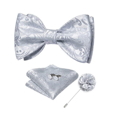 DiBanGu Men's Silver Grey Bowtie and Lapel Pin Set Silk Woven Self-tied Bow Tie Pocket Square Cufflinks Set