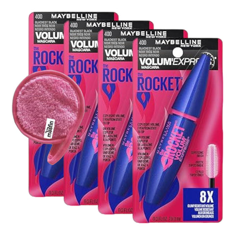 New York Volume Express The Rocket Waterproof Mascara, Very Black Mascara [411], 8X Volume, Long-Lasting - Bundle with Moofin Makeup Cleansing Cloth, Ophthalmologist Tested [Pack of 4]