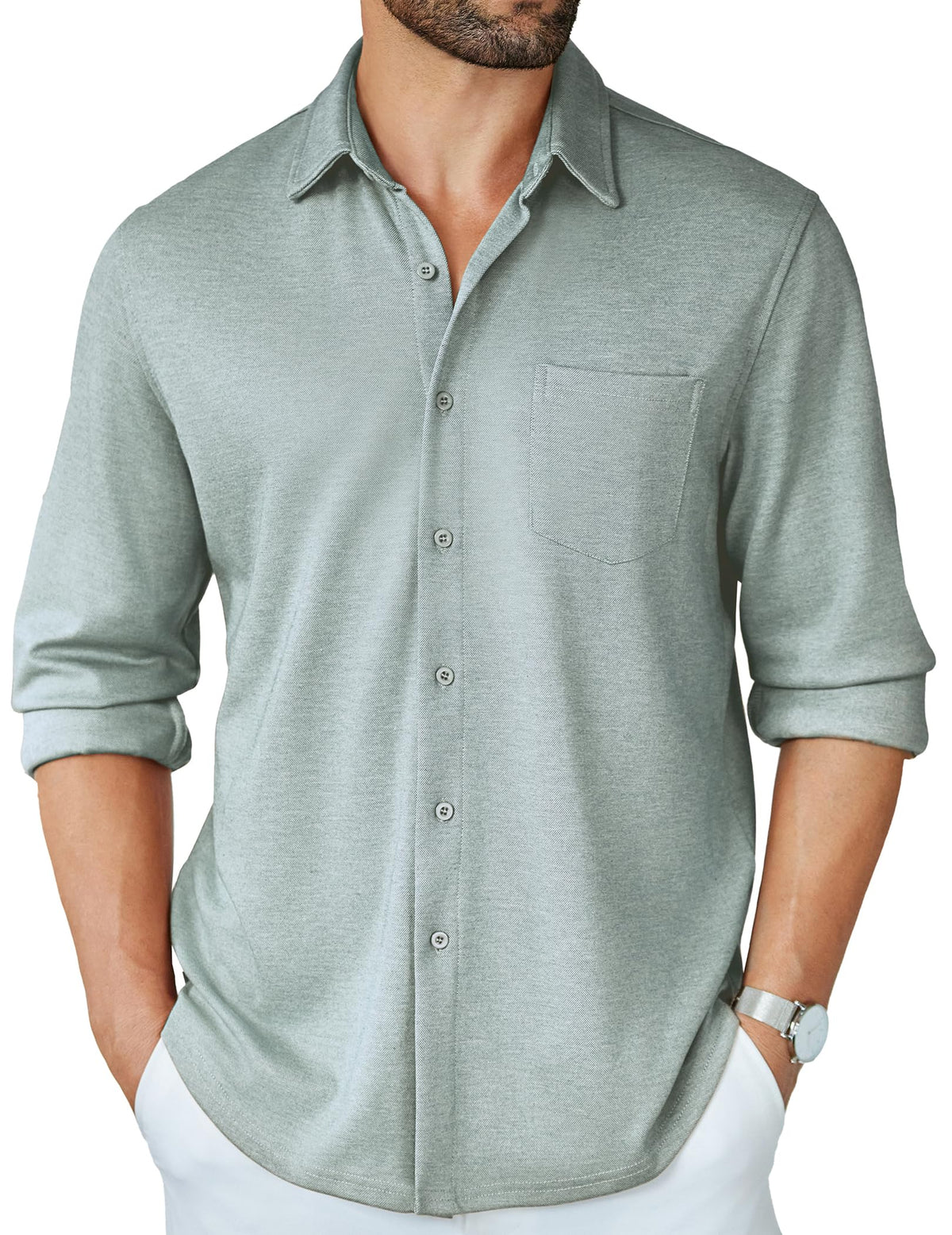 COOFANDY Men's Casual Shirts Long Sleeve Button Up Travel Office Slim Fit Shirts Light Blue