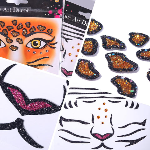 Tiger and Leopard Glitter Face Stickers Set-2Pcs Eye Body Face Tattoo Stickers for Kids Adult Party Makeup Self Adhesive Fake Tattoo Sticker Birthday Cospay Festival Party Supplies (tiger&Leopard)