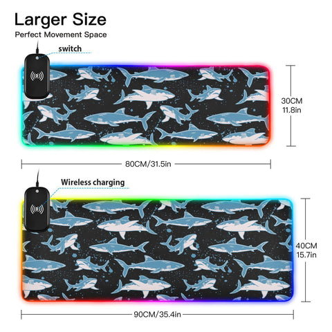 Creative Sharks Black-01 Wireless Charging Mouse Pad for Mobile Phone Extra Large Gaming Mousepad with 13 Lighting Modes Computer Mat for MacBook PC Laptop Desk Office Home Gaming