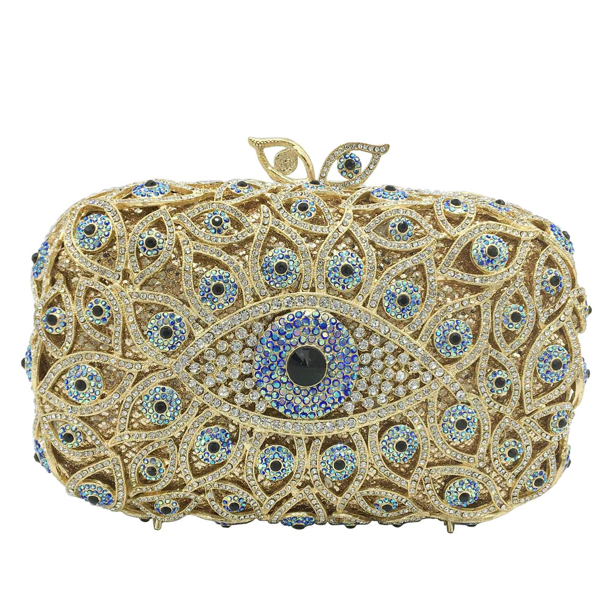 Boutique De FGG The Evil Eye Crystal Clutch Bags Women Evening Purses Wedding Party Prom Rhinestone Handbags, 438-Gold Blue, Mini