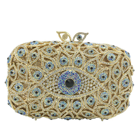 Boutique De FGG The Evil Eye Crystal Clutch Bags Women Evening Purses Wedding Party Prom Rhinestone Handbags, 438-Gold Blue, Mini