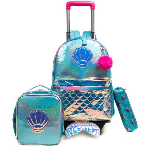 Egchescebo Kids Rolling Seashell Mermaid Backpack for Girls Detachable 17" Flamingo Childrens Luggage with Wheels Toddler Travel Suitcase Backpacks Girl Kid Lunch Bookbag Escolares Elementary Blue
