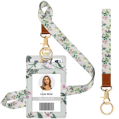 Azrra ID Badge Holder with Lanyards, ID Badge Card Holder with 1 Clear ID Window, 4 Credit Card Slots Includes a Detachable Neck Lanyard and Wrist Lanyard with 2 Key Rings